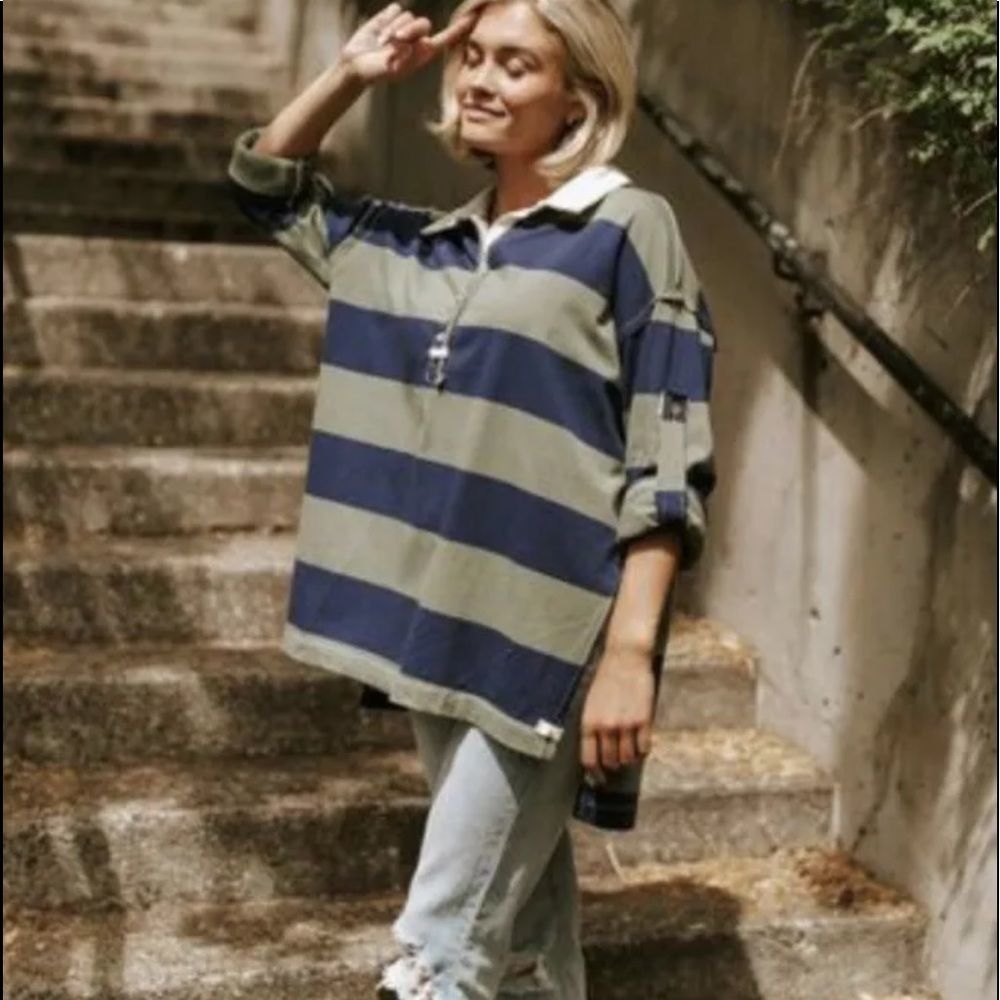 Free People Olive and Navy Striped Rugby Pullover